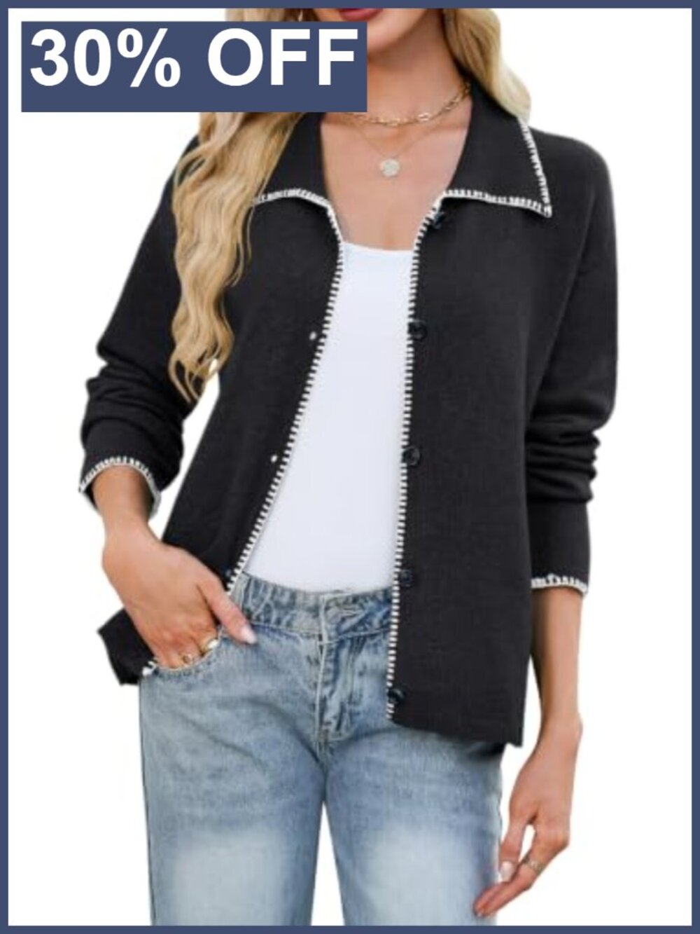 Womens Button Up Cardigan Sweater Contrast Trim Long Sleeve Knit Top